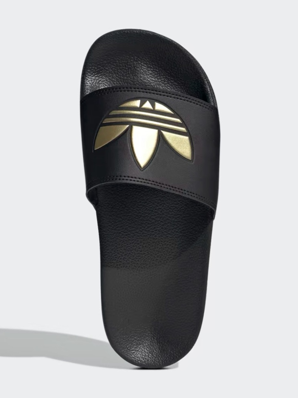 NWOT adidas Women's Adilette Lite Black Slide Sandals with Metallic Gold Trefoil